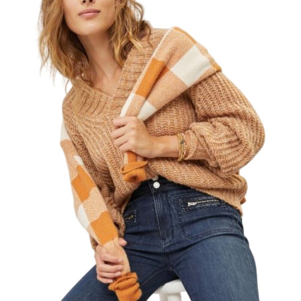 Anthropologie Chunky V-Neck Sweater in Camel and Orange